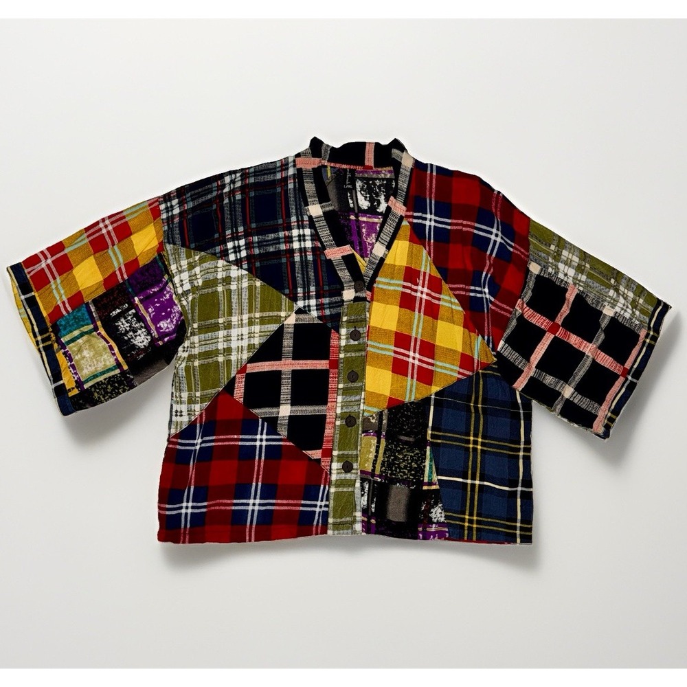 VTG Sacred Threads Patchwork Plaid Button Blouse Rayon Autumn Boho Shirt L/XL